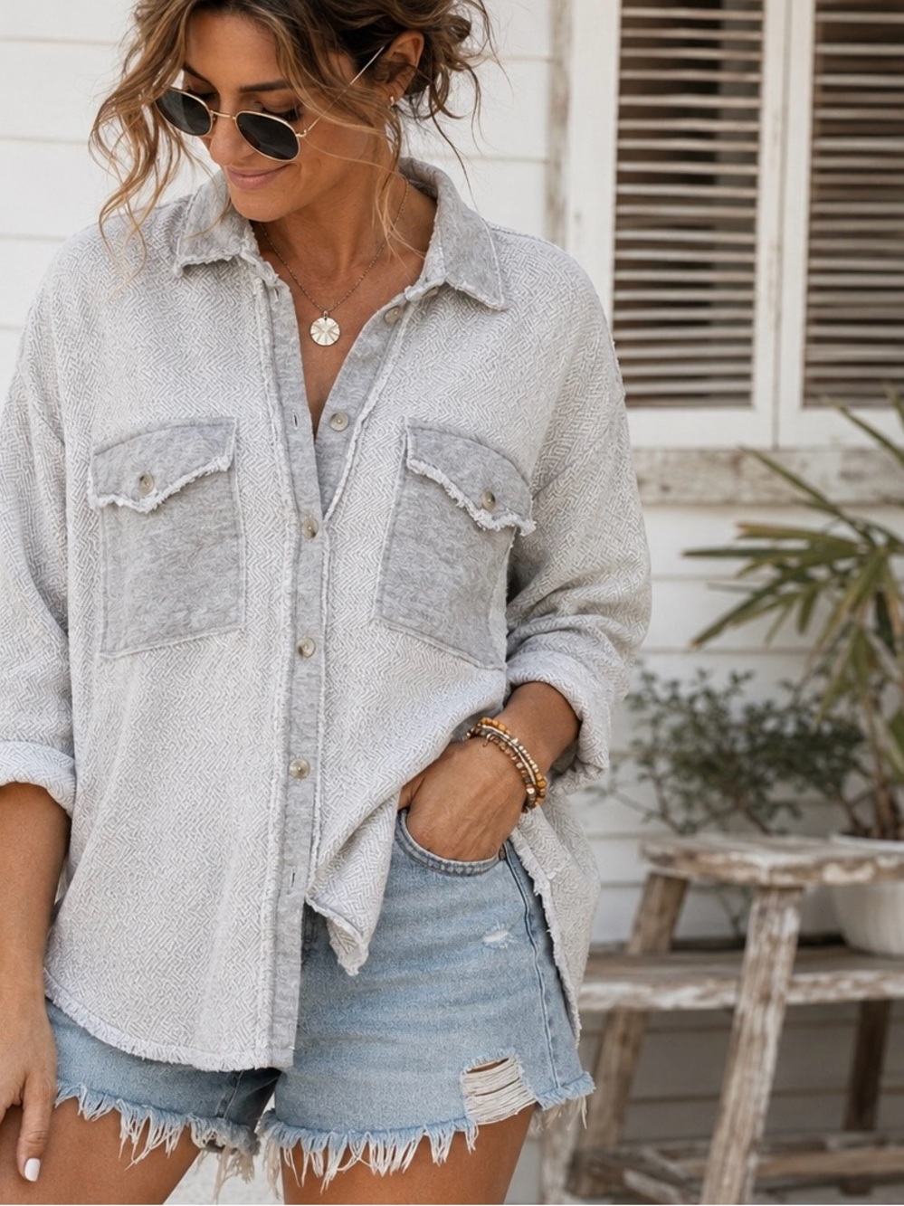 Sunland Double Layer Cotton Raw Edge Shirt Jacket Gray Lagenlook Top Small USA